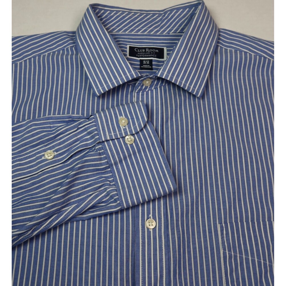 Club Room Long Sleeve Shirt Men's Sz 18.5x34-35 Reg. Fit Performance Blue Stripe